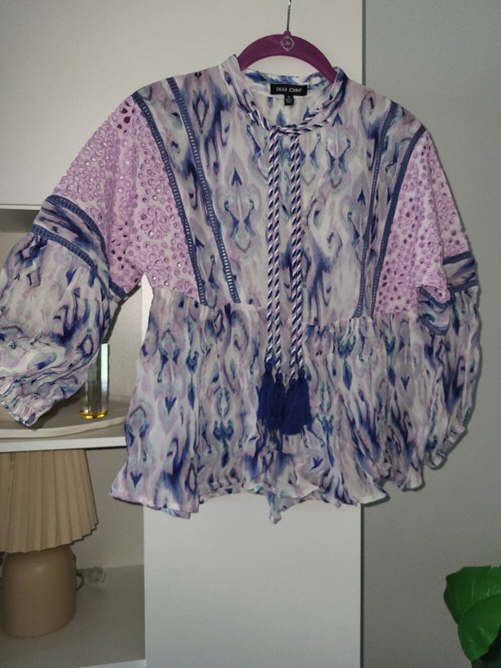 DEAR JOHN V Neck Smocked Long Sleeve tassel tie lace Blouse Women Peplum XS